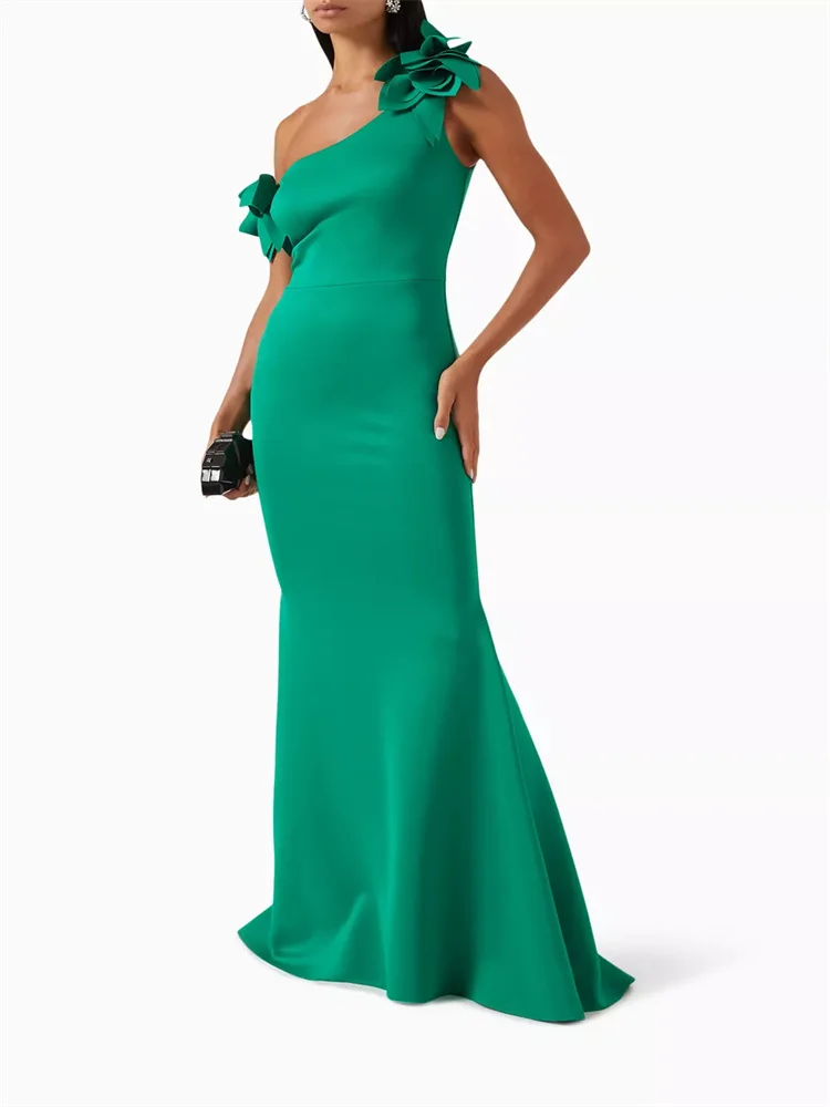 Hot Selling One Shoulder Neckline With 3D Flower Straight Evening Dress Open Back Zipper Floor Length Sweep Train Gown For Women