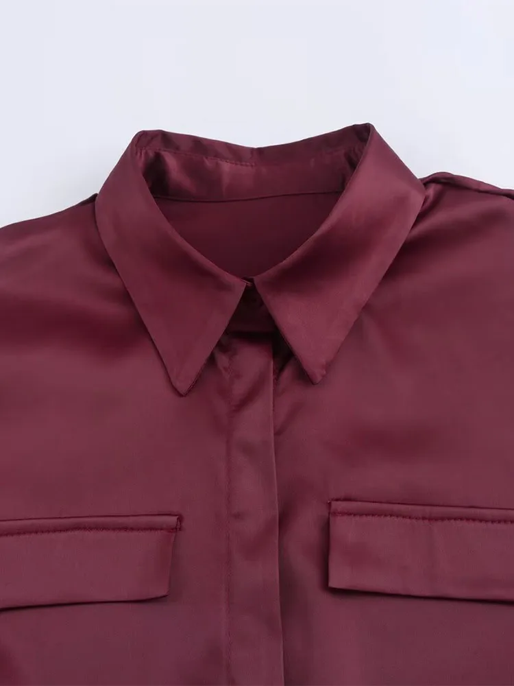 Burgundy satin shirt for women, loose commuting, fashionable, high-end, elegant, skin-whitening, long-sleeved shirt