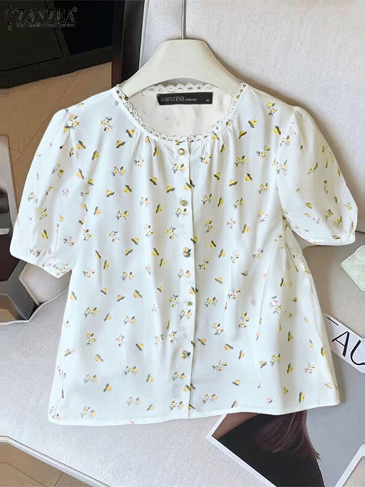 

ZANZEA Vintage Floral Print Tunic Tops Women Summer Bohemian Shirts 2025 Fashion Short Puff Sleeve Korean Casual Loose Blouse