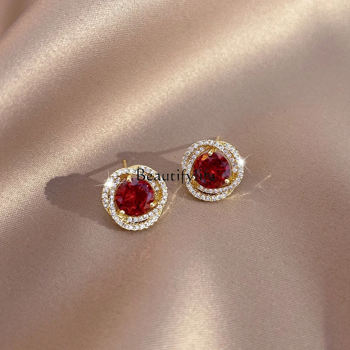 

S925 sterling silver New Year's burgundy rhinestone stud earrings high-end niche temperament explosion