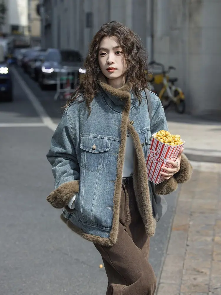Denim Coats Long Fur Plush Womens Winter Moisture-Wicking Boxy Fit Grunge Style Vacation Travel Anti-Wrinkle Fuzzy Padded Warmth
