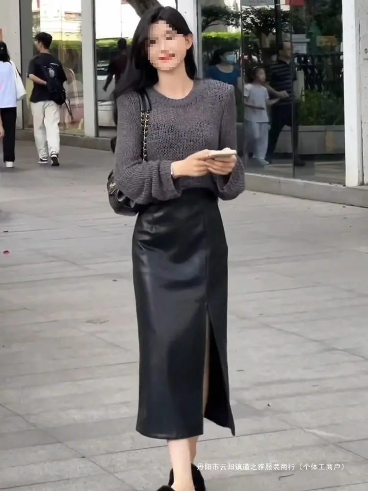 

Autumn Slit Half Skirt Women's High Waist Slimming Long Leather Skirt for Little People