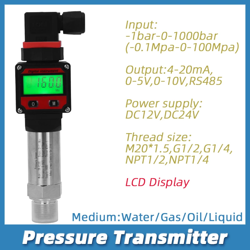 LCD Display Pressure Transmitter 4-20mA 0-5V 0-10V RS485 Output Water Gas Oil Pressur Sensor Negative Vacuum Pressure Transducer