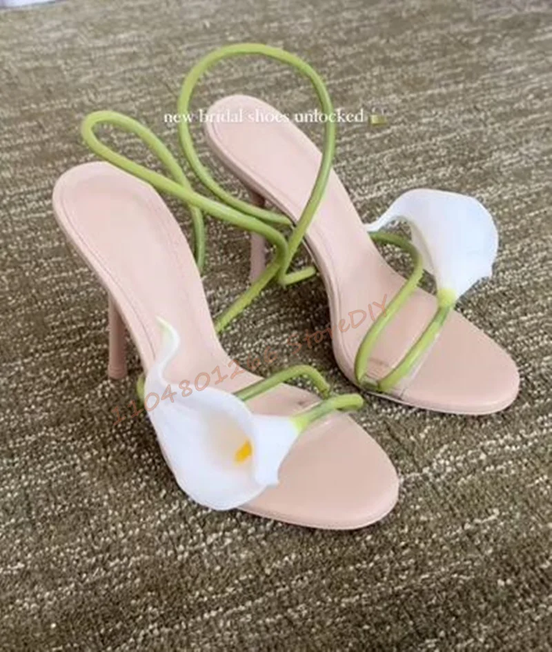 

White Floral Stiletto Heels for Women Elegant Callalily Open Toe Strappy High Heel Sandals Party Wedding Dressy Shoes