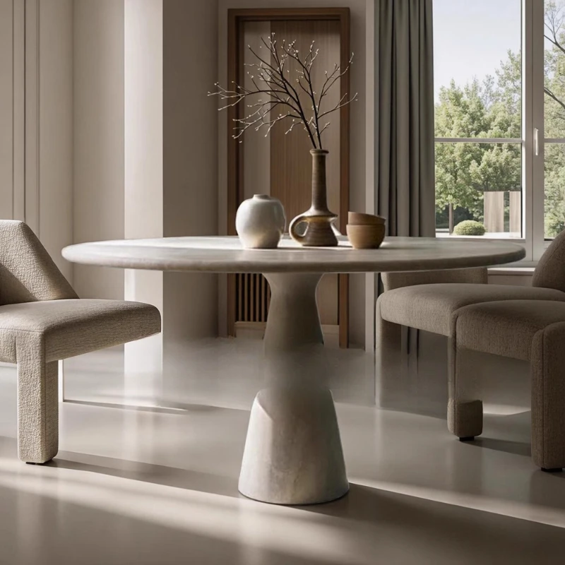 

Nordic natural marble travertine dining table round small apartment household table