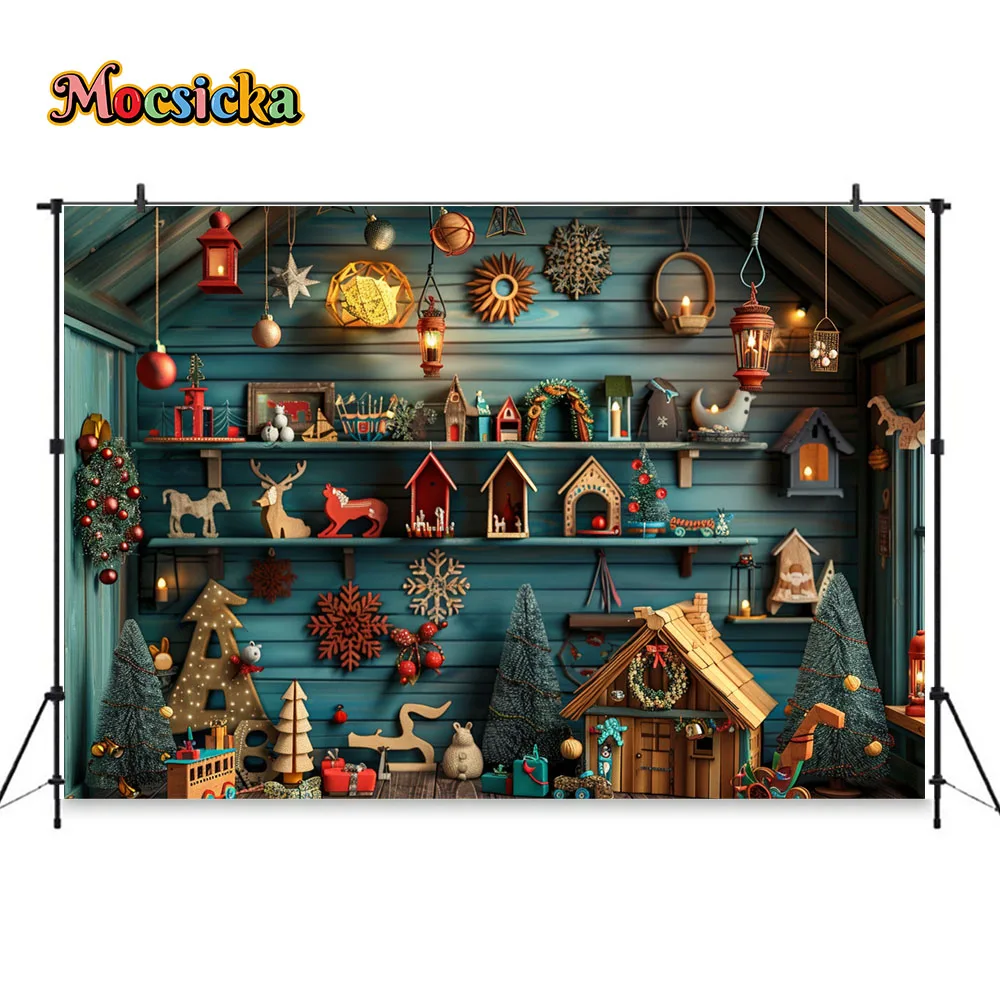 Santa Claus Workshop Photography Background Kid Christmas Toy House Xmas Tree Wooden Backdrop Winter New Year Studio Booth Decor