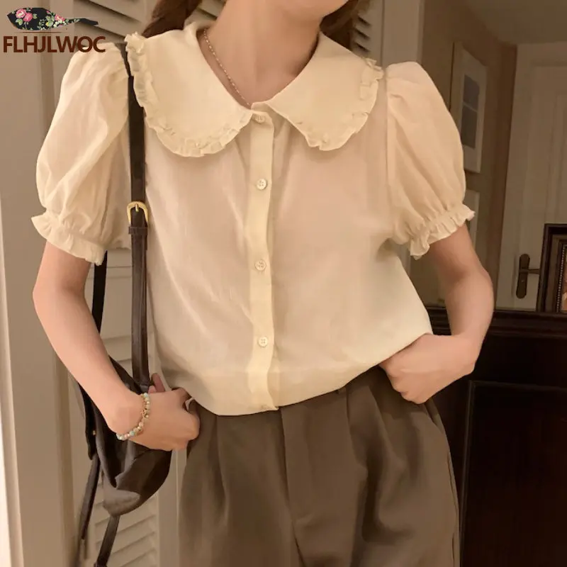 Retro Cute Chic Tops Hot 2023 Women Summer Korea Japan Style Design Peter Pan Collar Button Shirt Blouse FLHJLWOC Design Vintage