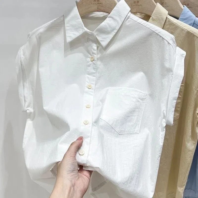 Office Lady Polo Neck Loose Blouse Summer New Short Sleeve Solid Color Button Casual Shirt Tops Vintage Fashion Women Clothing