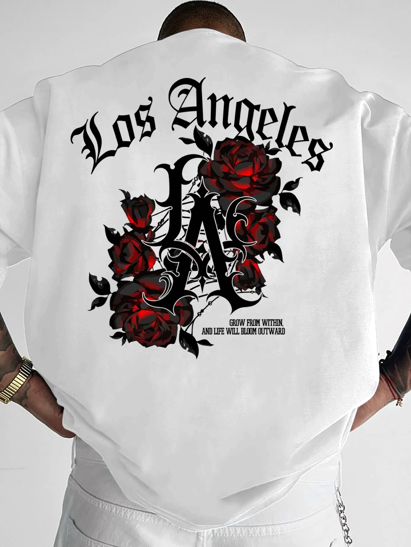 Camiseta Gótica Urbana para Hombre, Estampado Gráfico de Los Ángeles y Rosa Roja, Cuello Redondo, Manga Corta, Poliéster, Tallas S-XXL