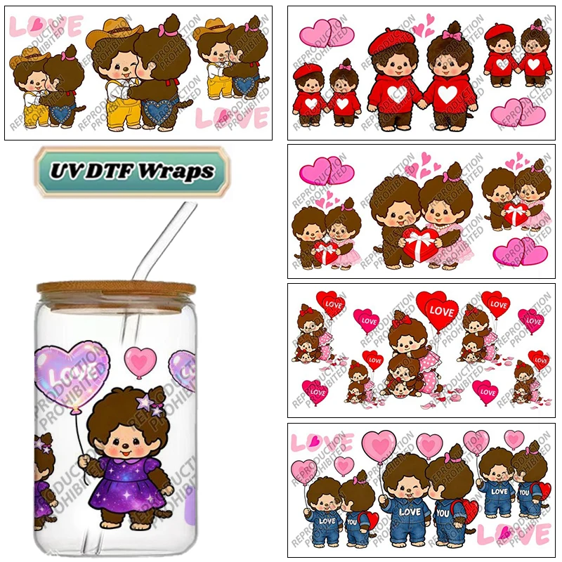 Adorable Love Furry Doll UV DTF Wraps Heart & Balloon Stickers High-Quality Waterproof Decals for Glass Can