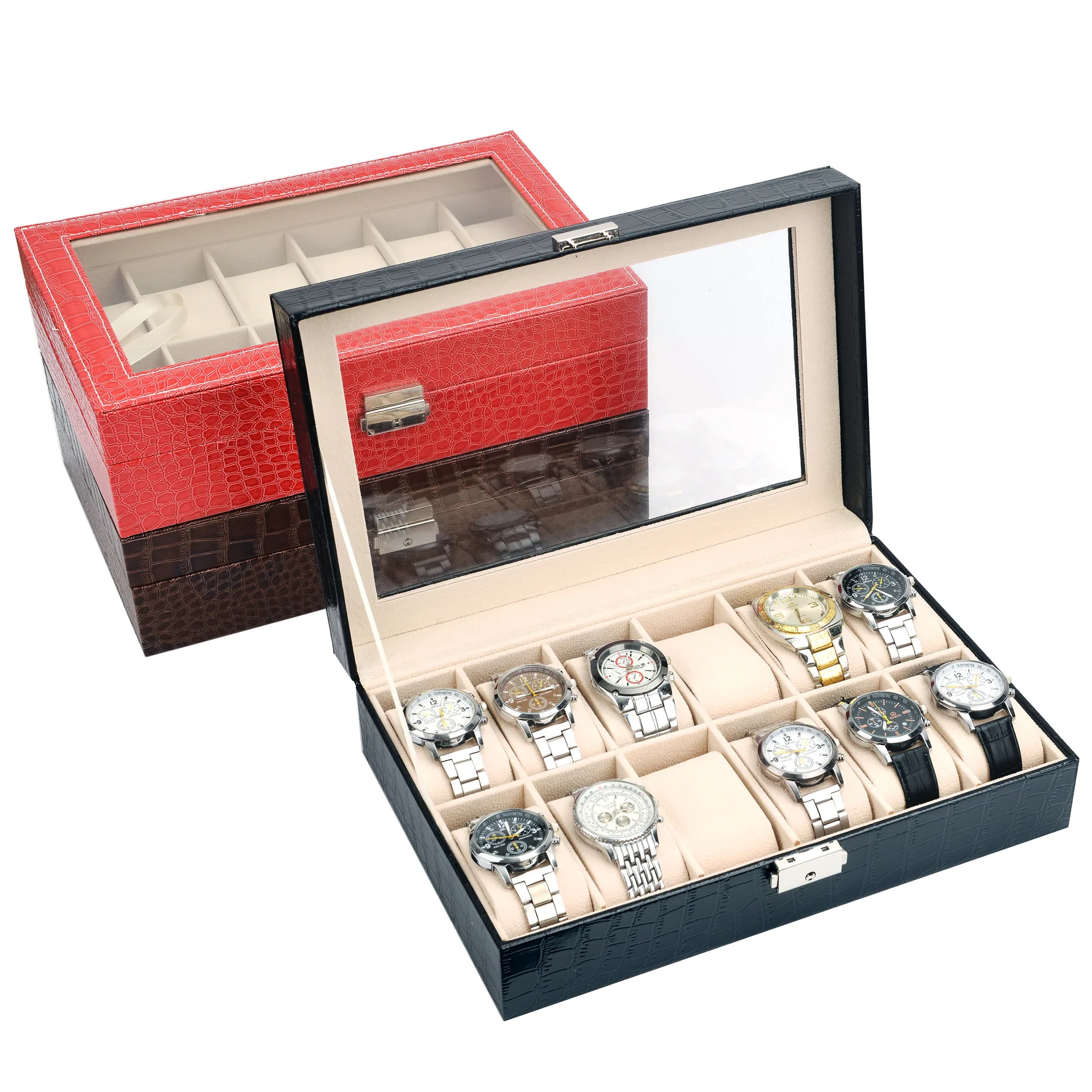 6/10/12 Slot Crocodile Pattern Collection Leather Watch Storage Organizer Box  New Men's Women's Watch Display Jewelry Box