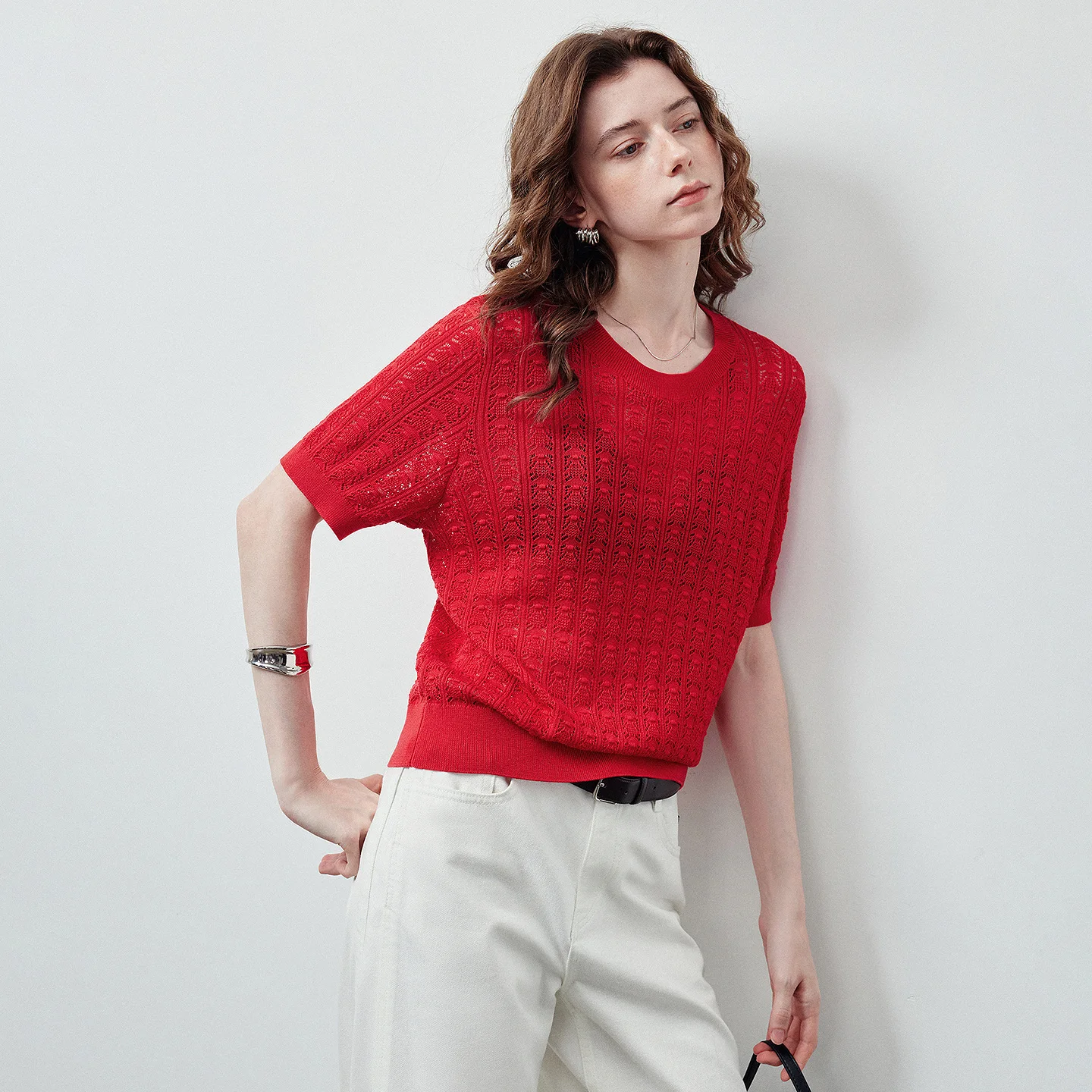 TOYOUTH Women Lyocell Knit Short Sleeve Knitwear 2026 Summer New Red Crew Neck Hollow Cable Knit Pullover Tops
