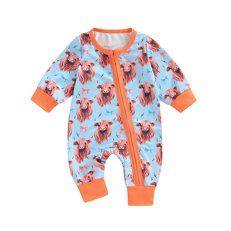 

Toddler Long Sleeve Romper Casual Western Cow Print Zipper Baby Jumpsuit for Newborn Girl Boy Cute Clothes