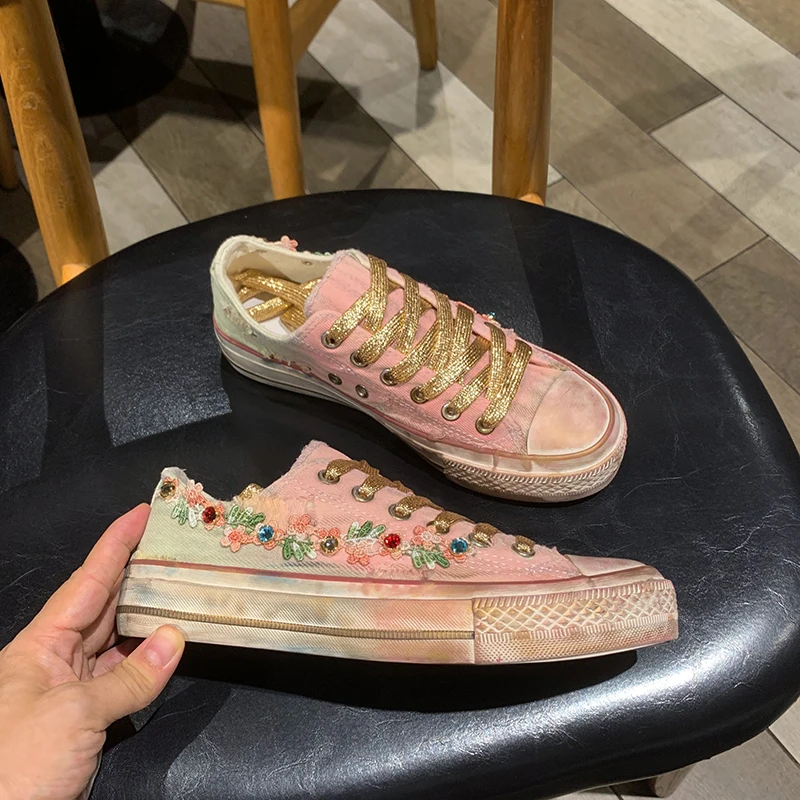 

New Women's With Flowers Gradient Pink&Blue Canvas Sneakers Lace-up Comfortable Shoes Fashion Outdoor Multi-functional Sports