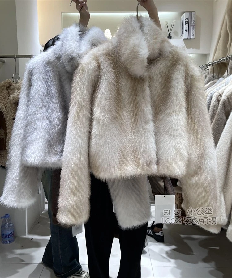 韓国スタイルのファッションエレガントな暖かいフェイクファーコート女性のための冬スタンドカラーシングルブレスト多用途豪華なショートジャケット