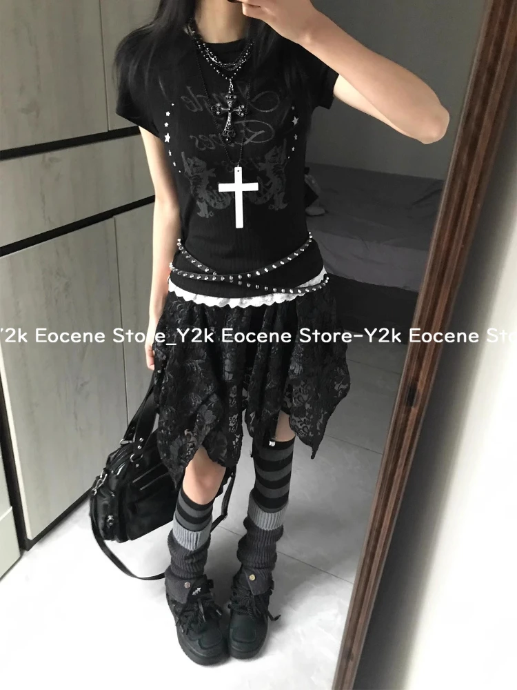Gótico y2k menina quente magro manga curta topos feminino 2000s high street retro magro camiseta 90s estética novo chique retalhos outfits