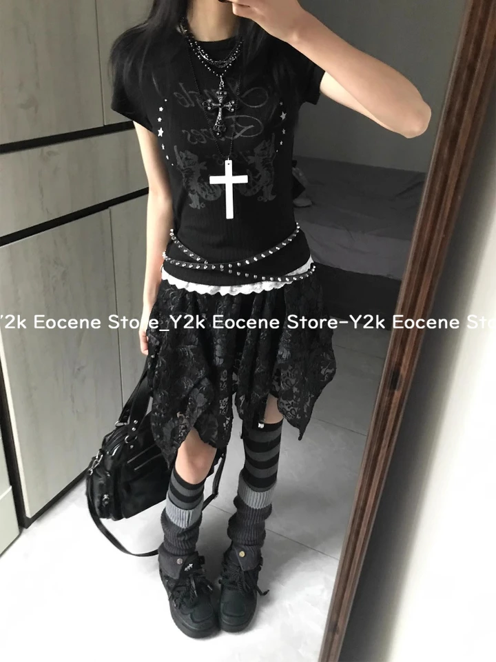 00’s Long Frill Gothic Shirt Y2K ダークロマンス Black Y2K Goth Slim T-Shirt Women Summer 2025