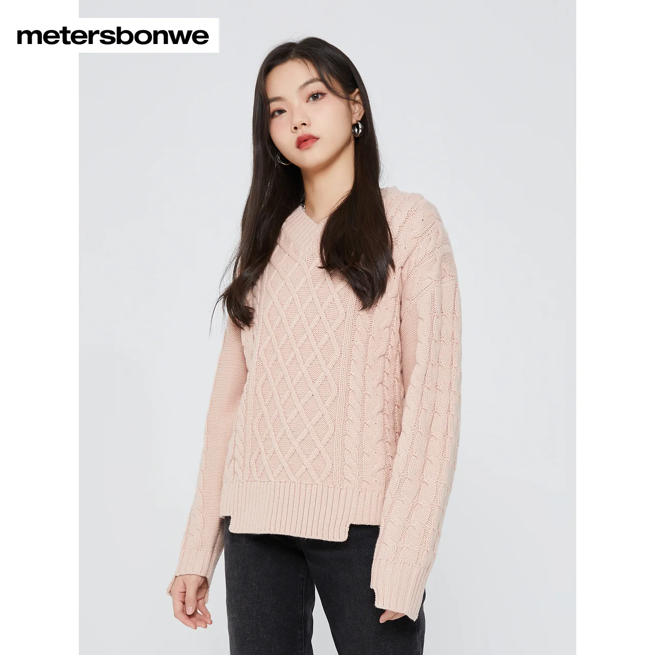 

Metersbonwe-Women's Long-Sleeved Sweater Jumper V-Neck Asymmetrical Sweet Warm Cable Knitwear Tops Winter