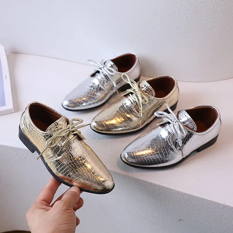 British Style Little Boys Fashion Leather Shoes Kids Point Toe Dress Party Formal School Shoes Gold Silver Low-heeled Moccasins