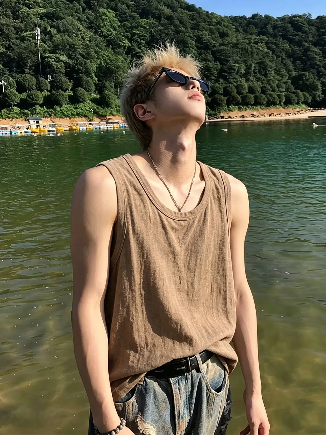 Khaki Color Polyester Linen Feel Men's Sport Vest Summer Quick Dry Sleeveless T-Shirt Fitness Sweatshirt Breathable Thin Mate...