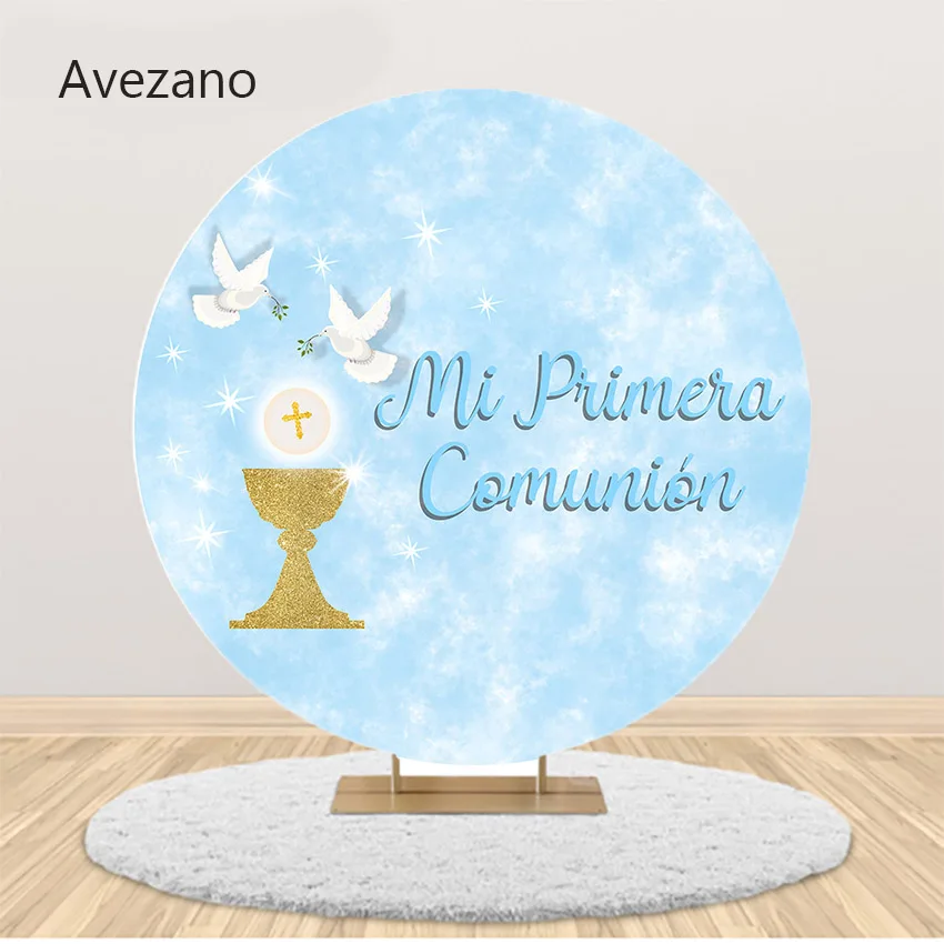 Avezano Round Background Cover Blue Boy First Communion Baptism Gold Grail Dove of Peace Decor Backdrop Photo Studio Photozone