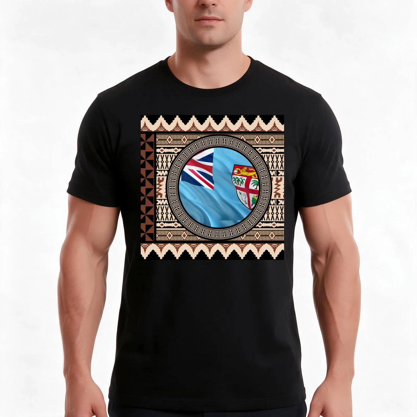 Fiji Flag Masi Print Authentic Tapa T-Shirt, Summer Casual Cotton Tee, Oversized Streetwear Tops, Vintage Graphic Print