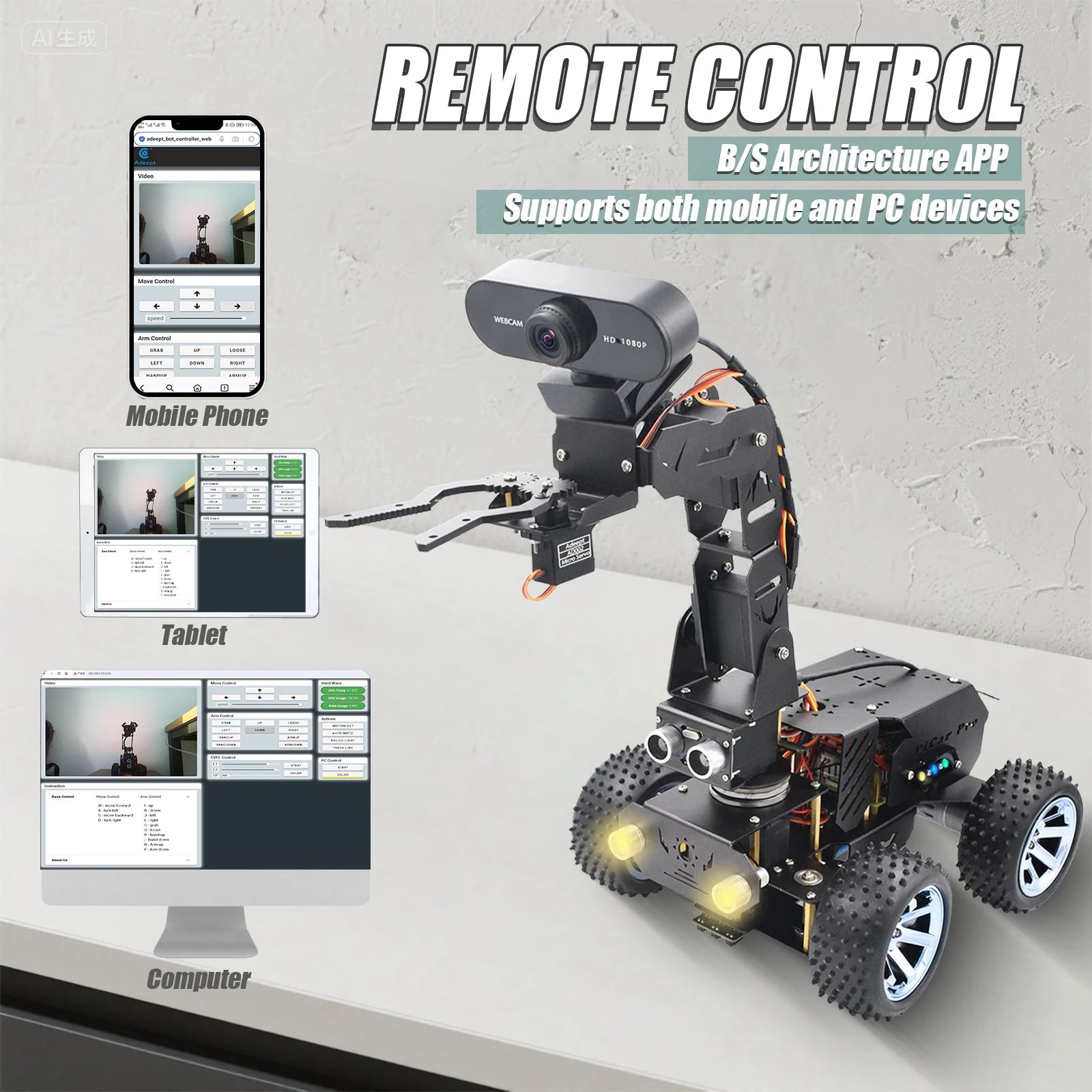 مجموعة الروبوتات Adeept PiCar Pro V2 (Raspberry Pi غير متضمنة)، سيارة ذكية مع ذراع آلي 4-DOF لـ Pi 5/4/3