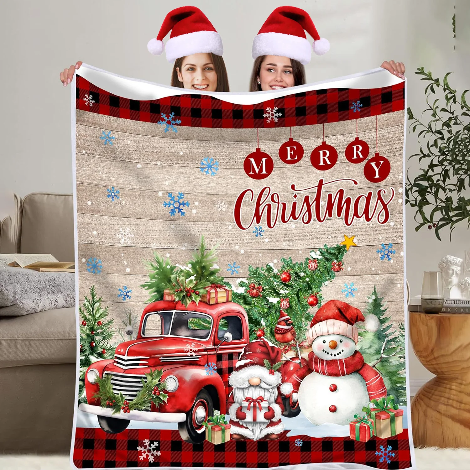 Weihnachtsdecke nach Maß, Schneemanndecke für Frauen, rote LKW-weiche Flanell-Überwurfdecken für Wintergeschenke