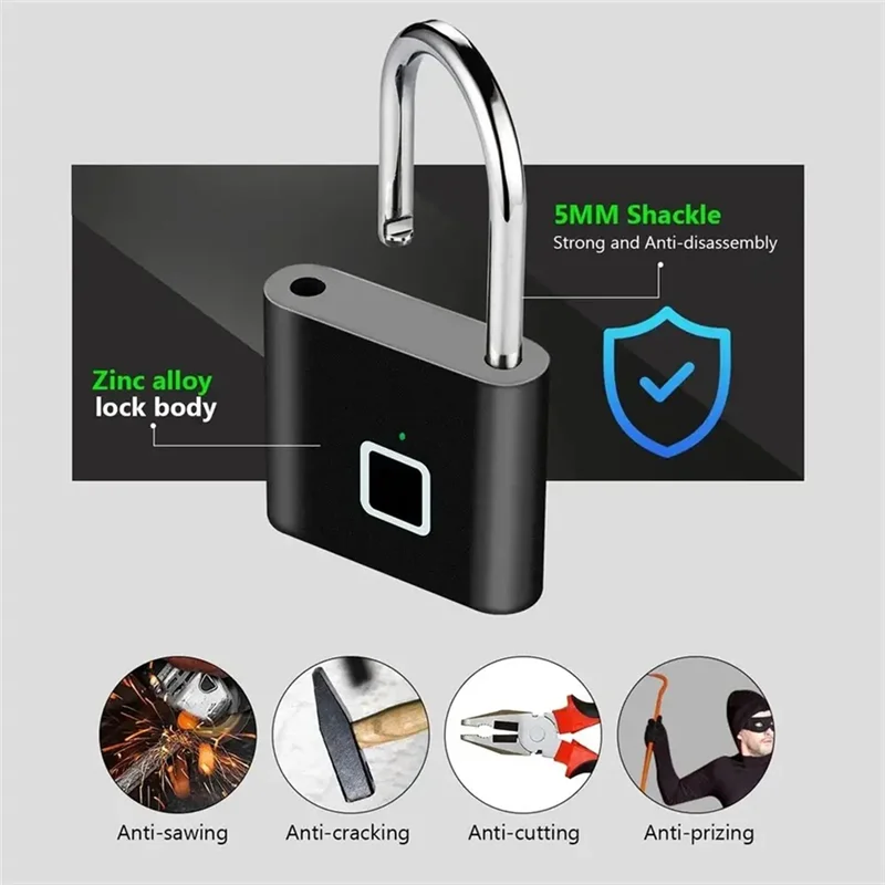 IDUD Keyless USB Charging Fingerprint Lock Smart Padlock Waterproof Door Lock Portable Anti-Theft Padlock