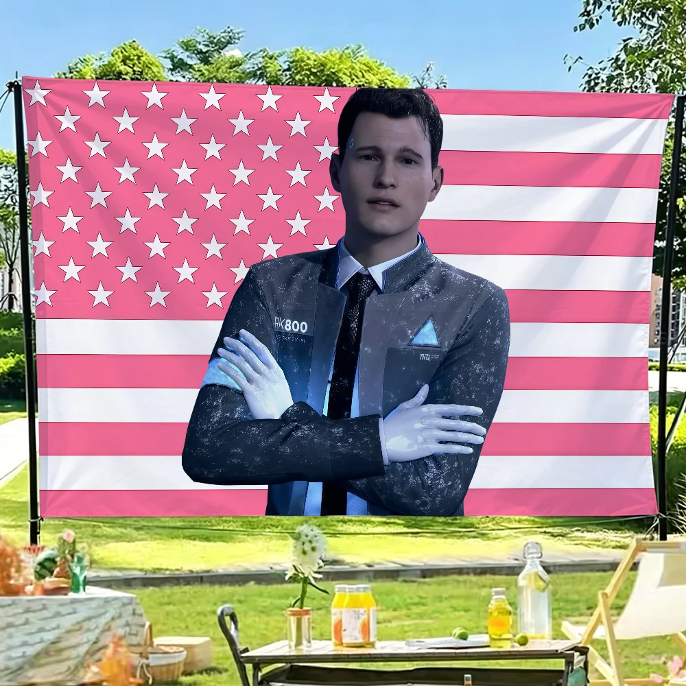 Connor Game D-Detroit Become Human Pink USA flag Room Decoration Wall Tapestry Hanging Aesthetic Bedrooms Advertising