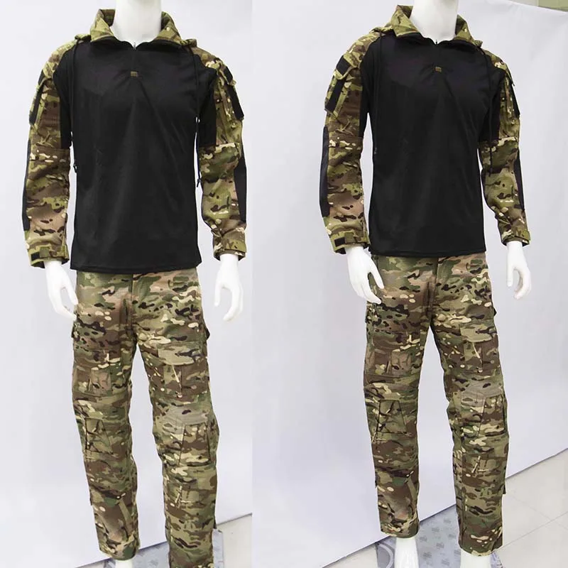 ミリタリーマルチカム迷彩戦術ユニフォーム2点セット-ハーフジップコンバットシャツ＆強化カーゴパンツ