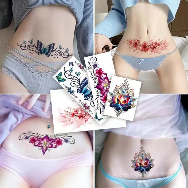 Faux Tatouage Temporaire Résistant à l'Eau pour Femme, Autocollant Sexy, Ventre, Papillon, Totem, Clavicule, Rose, Cicatrice Durable, Art, Noir