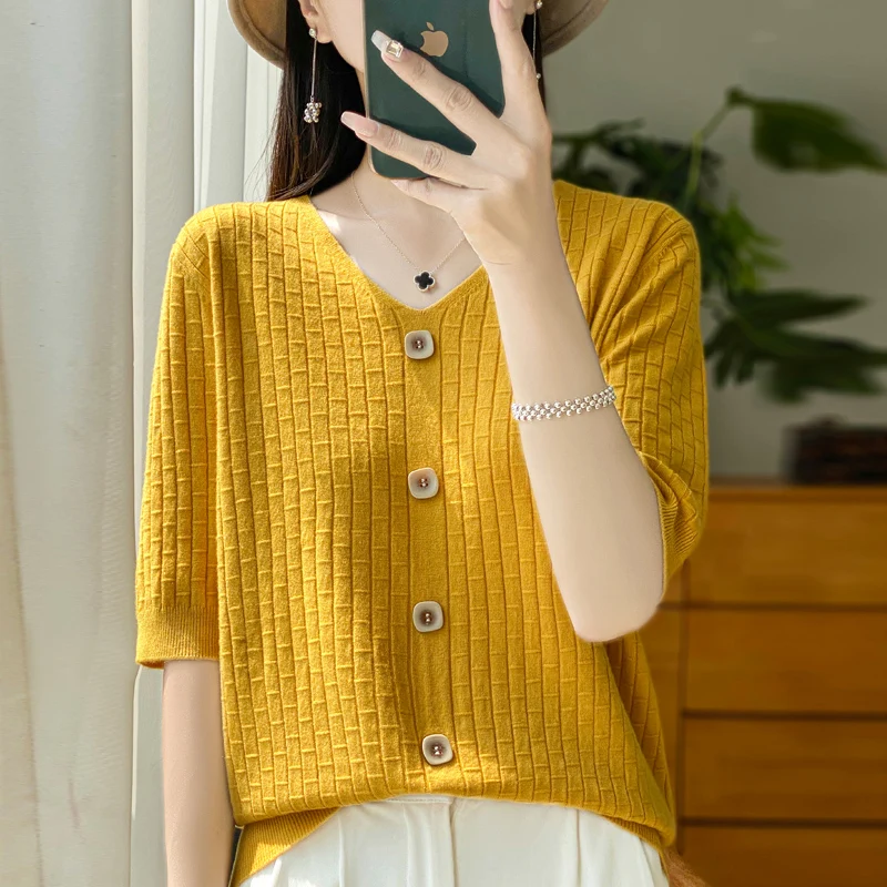 2024 Spring and Summer Women Cashmere Short sleeve V-Neck  Pullover High Quality Elegant Cashmere short sleeves Women