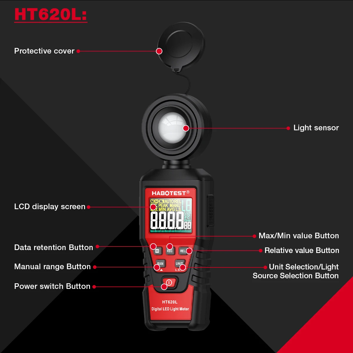 Cyfrowy miernik światła HABOTEST HT620 100000 Fotometr LUX Luxmeter Profesjonalny miernik testowy Lux FC LED o wysokiej dokładności