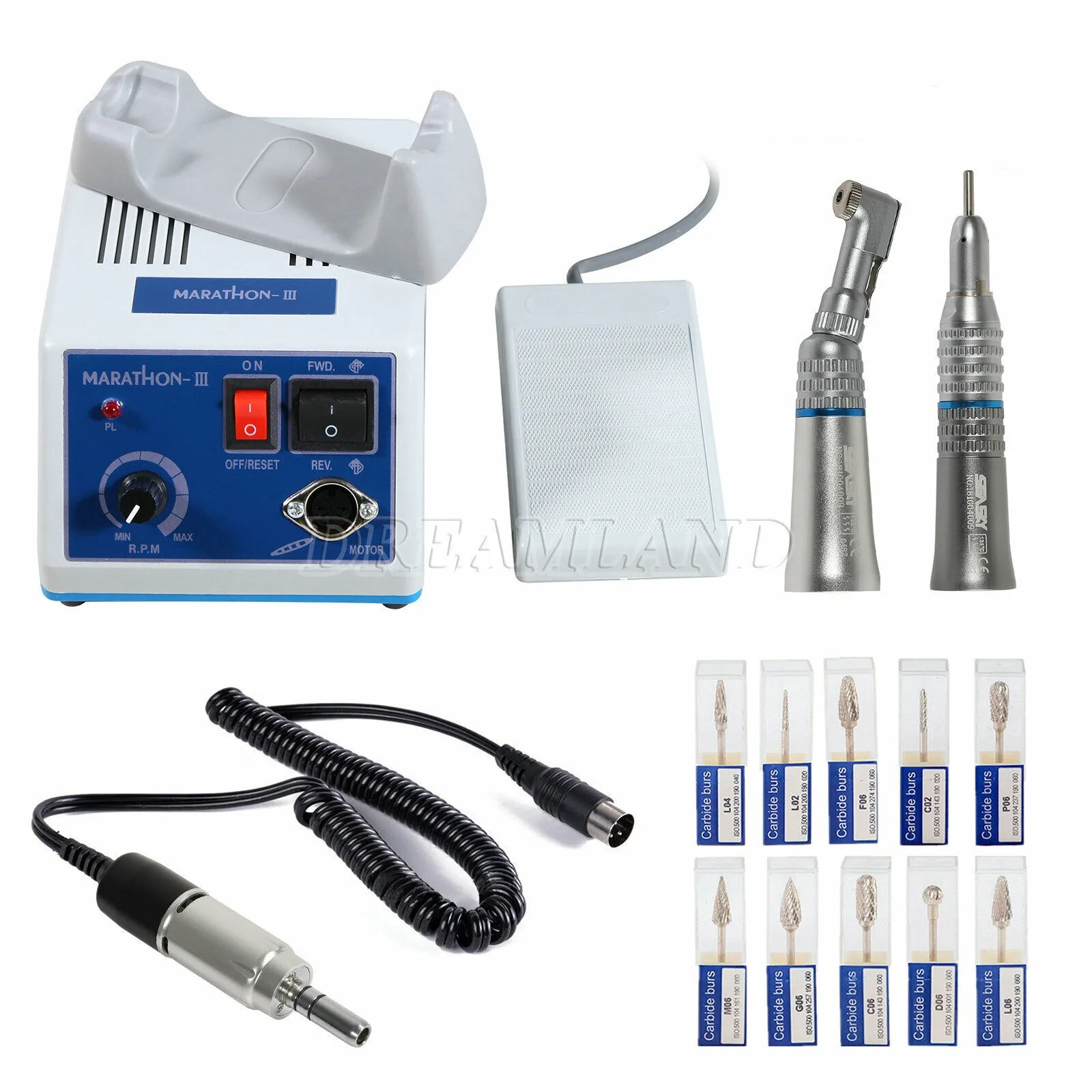 

New Dental Lab Marathon-III Electric Micromotor +Contra Angle Straight Handpiece +10pcs Tungsten Carbide Steel Drill Burs