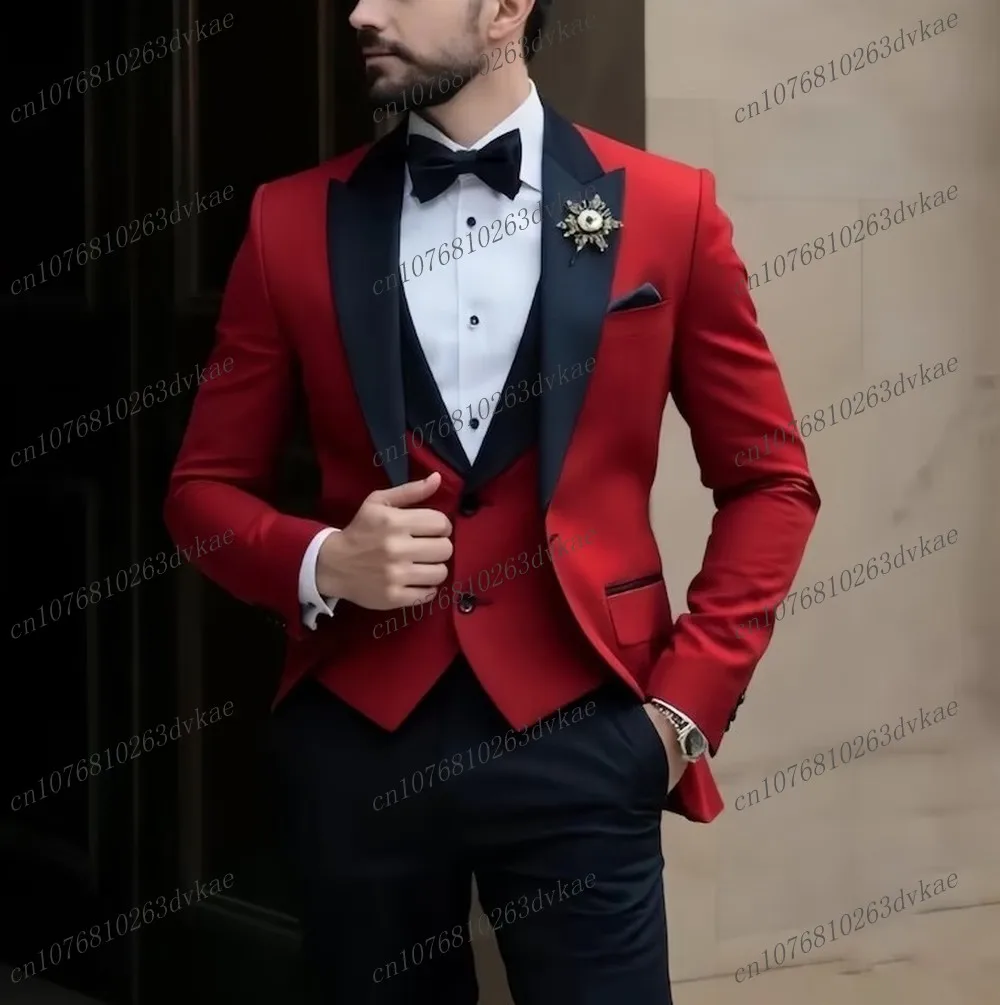 

New Black And Red Men Suit Wedding Party Formal Groom Groomsman Prom Business Male Tuxedos 3 Piece Set Jacket Vest Pants