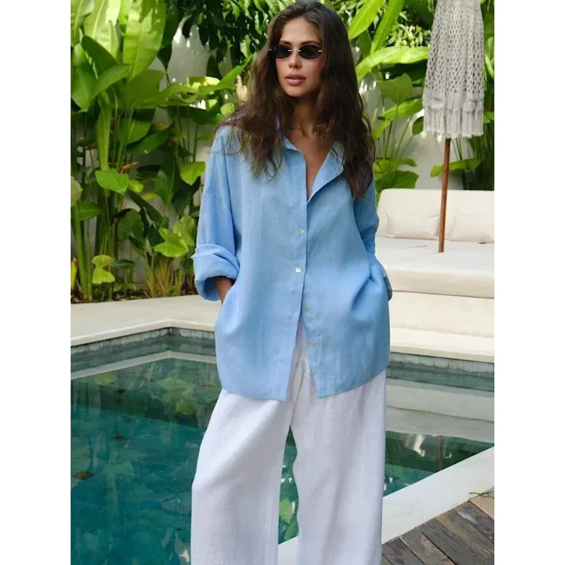 

White Women's Linen Shirt Long Sleeve Elegant Pink Oversize Blouse Vintage Spring Basic Top Collar Cotton Linen Shirt for Women