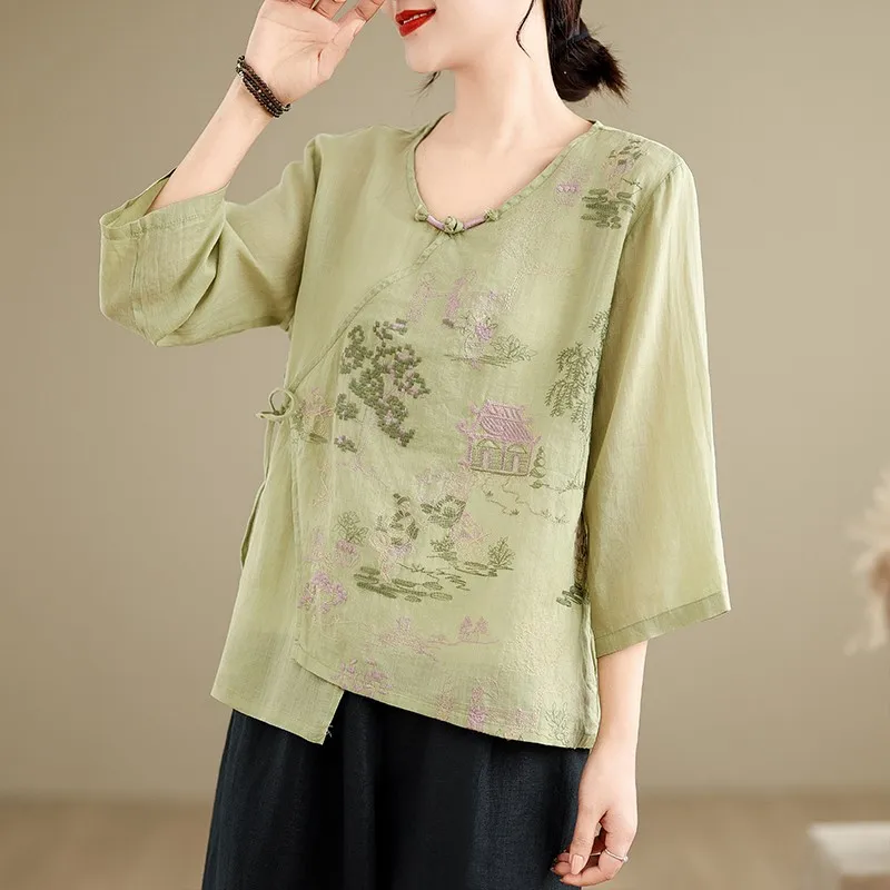 Women Casual Shirt New Arrival 2024 Spring Chinese Style Vintage Floral Embroidery Loose Female Cotton Tops Shirts B3591