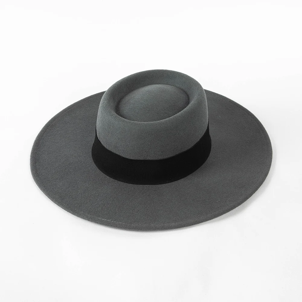 100% Wool Felt Pork Pie Hat With Ribbon Band Wide Brim