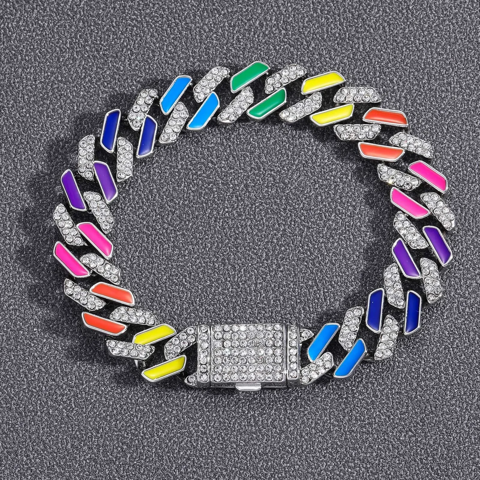

Hip Hop Men Women 12mm Enamel Colorful Rainbow Chain Bracelet Bling Rhinestone Paved Miami Rhombus Cuban Chain Jewelry