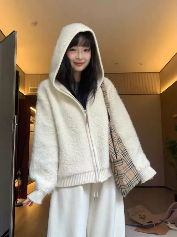 

Ladies Warm Lamb Fur Zipper Sweater Large Outerwear Soft Plu Winter Coat with Hood Versatile Comfortable Spring Autumn Winter