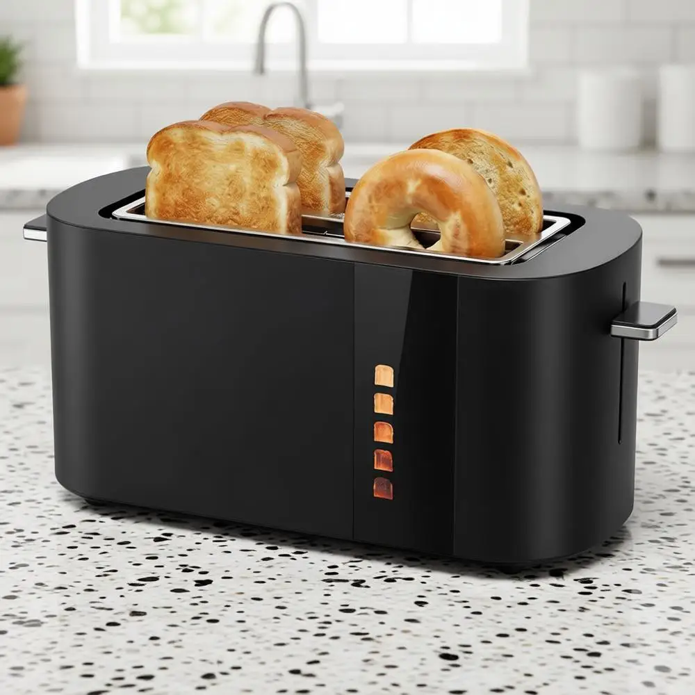 

Тостер на 4 ломтика с широкими слотами и функцией приготовления багелей, длинные слоты, нержавеющая сталь, сенсорное управление, встроенная подставка, сверхширокие слоты для тостов
