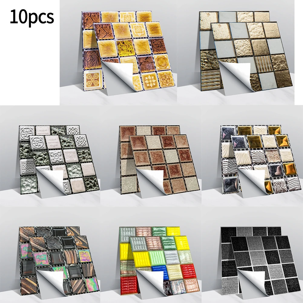 10Pcs 3D Mosaic Tile Stickers DIY Waterproof Self-Adhesive Wall Stickers Kitchen Bathroom Bedroom Home Decor Wall Decals