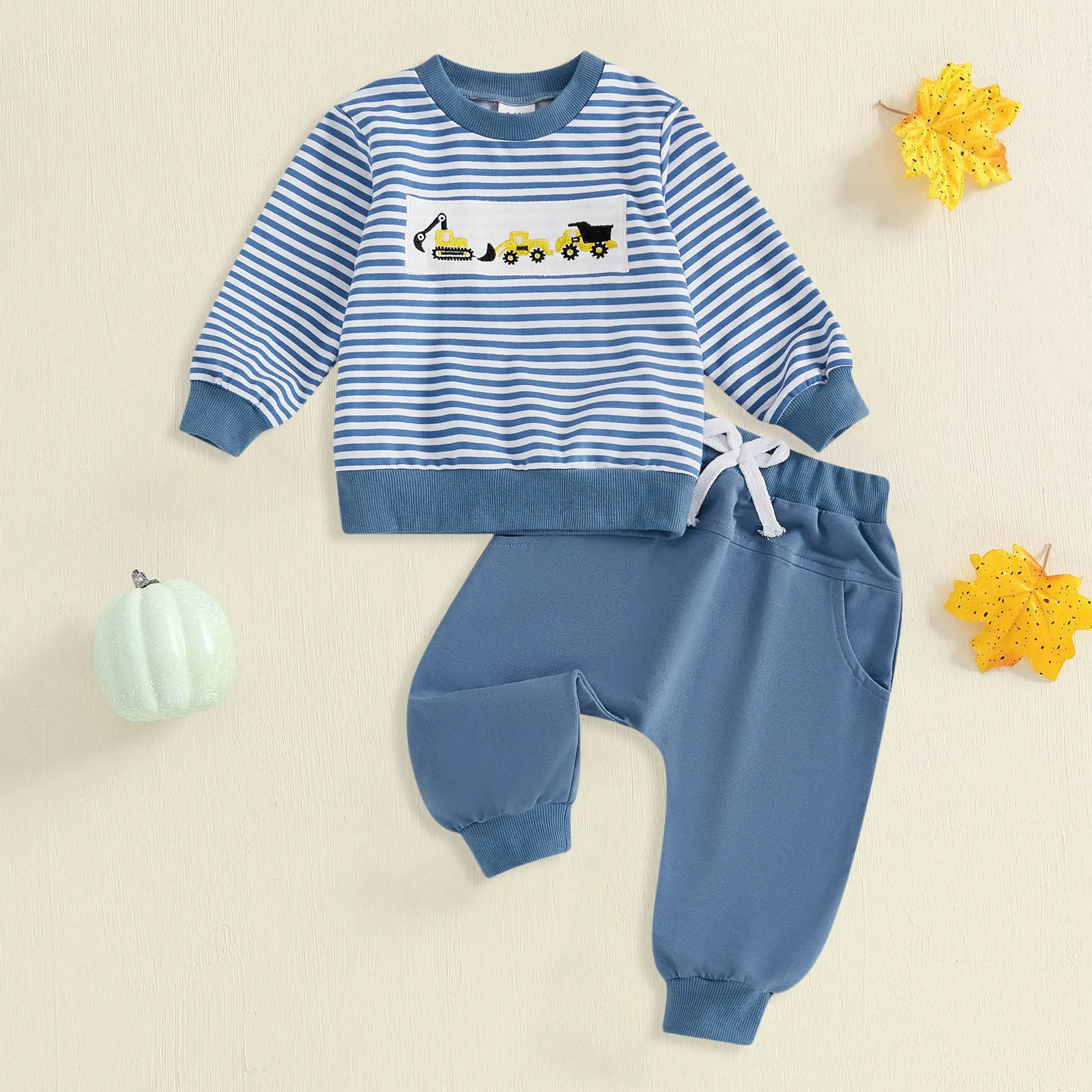 

Baby Boys Two Piece Set Striped Round Neck Excavator Embroidery Sweatshirt Solid Color Loose Long Pants Children Casual Outfit