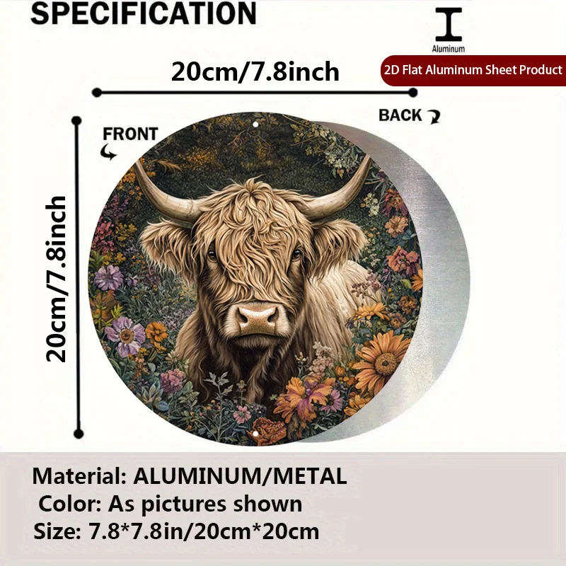 1pc Scottish Highland Cow Round Sign, Modern Round Sign, Floral Background Round Signs, Rustic Animal Art Rustic Metal Wall Art - view 2
