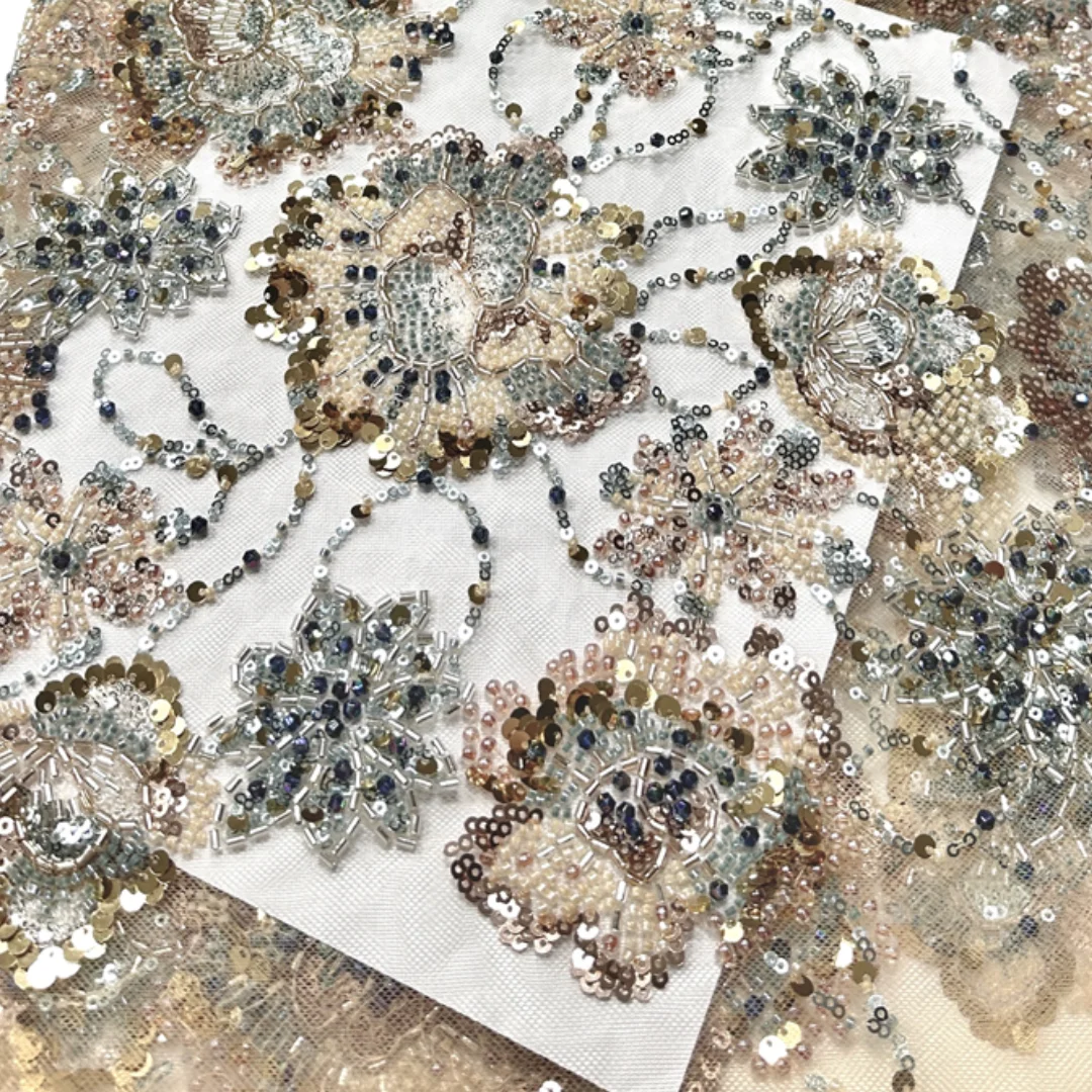 

Lastest Sheer Tulle Nude Lace High Quality Multi-color Beaded Sequins Floral Vines Fabric For Nigerian Wedding Party Sewing