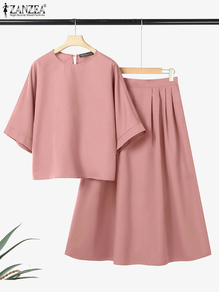 

ZANZEA Блузки с рукавами 3/4, повседневные комплекты юбок, юбки миди с эластичной резинкой на талии, повседневная одежда, свободные женские комплекты из 2 предметов, однотонные комплекты из 2 предметов