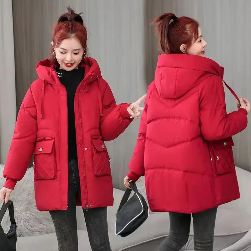 

Зима 2026, новое женское однотонное пальто с хлопковой подкладкой, длинные корейские женские свободные модные парки, хлопковое пальто с подкладкой на пуху