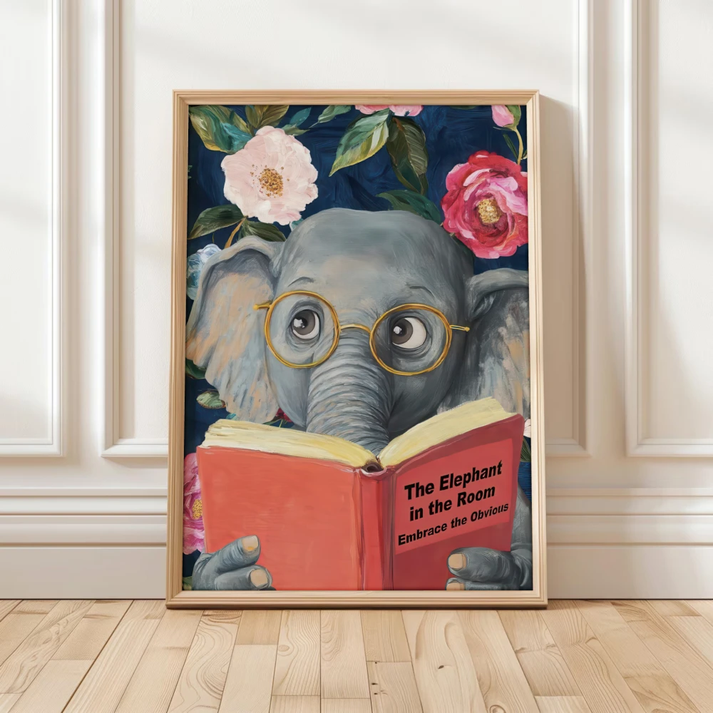 Abstract elephant with glasses on canvas wall decoration painting, 2D printed poster, living room and study home decoration