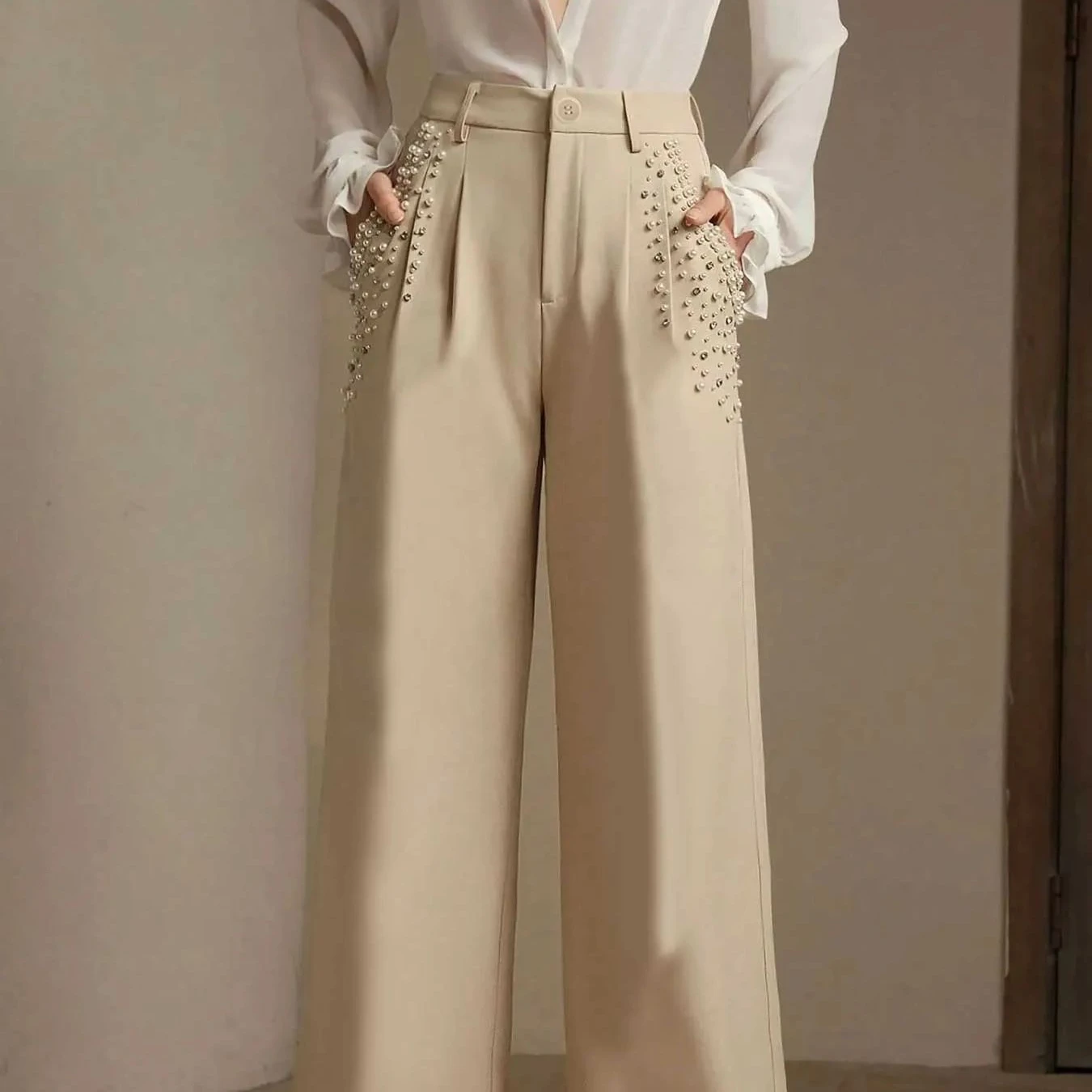 Women's European American Style Beaded Pocket Wide Leg Pants, High Waist Draped Elegant Trousers